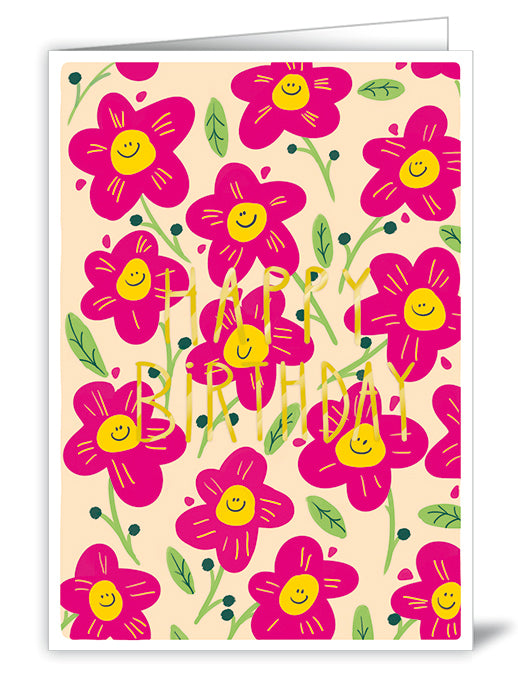Carte double Happy Birthday, fleurs souriantes - ACTE TRE