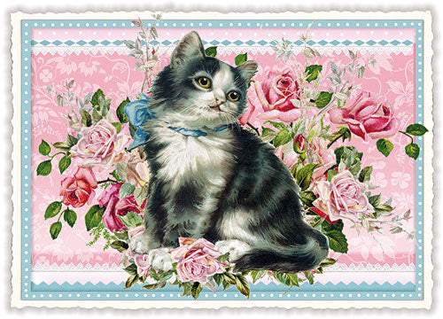 Carte postale Chat au nœud bleu et roses - ACTE TRE