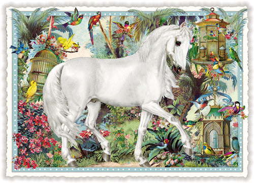 Carte postale cheval blanc et oiseaux - ACTE TRE