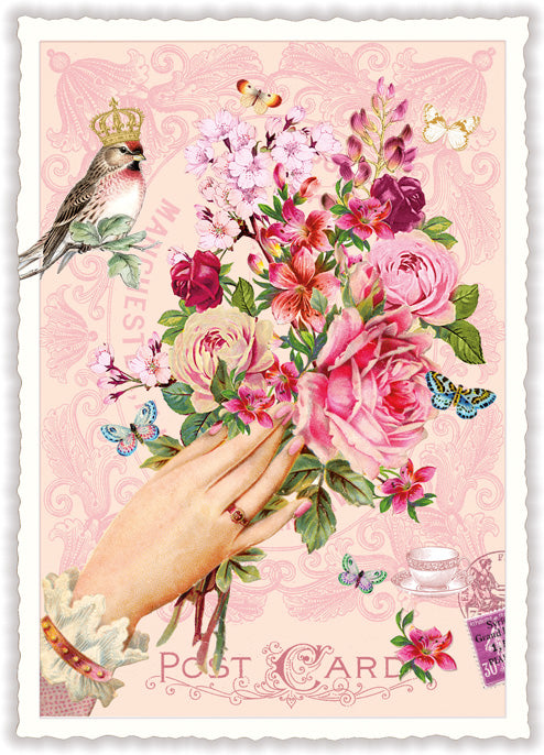 Carte postale bouquet de roses et oiseau - ACTE TRE
