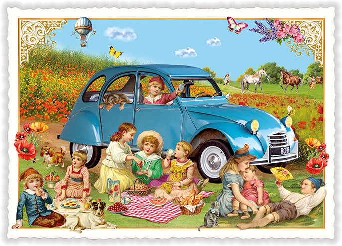 Carte postale pique-nique et voiture bleue - ACTE TRE