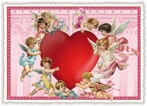 Carte postale grand cœur rouge et anges, ACTE TRE
