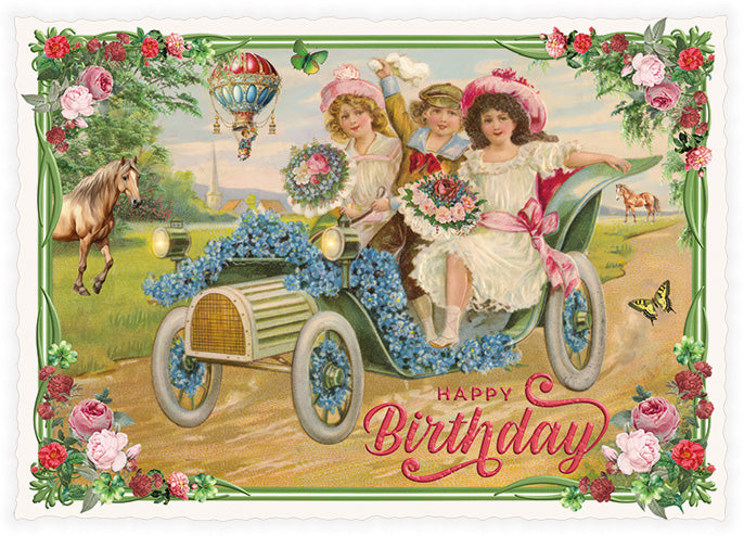 Carte postale Happy Birthday, voiture fleurie - ACTE TRE
