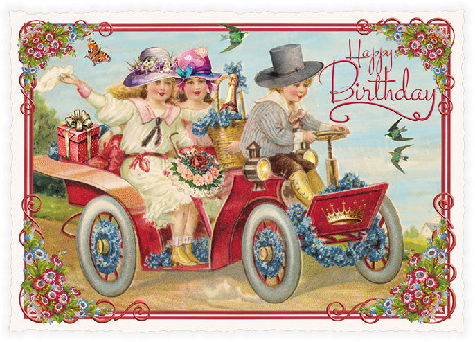 Carte postale Happy Birthday, voiture rouge - ACTE TRE