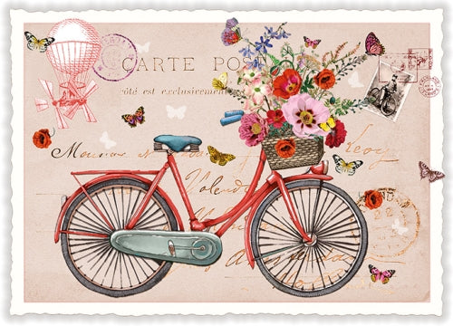 Carte postale vélo rouge et panier fleuri - ACTE TRE