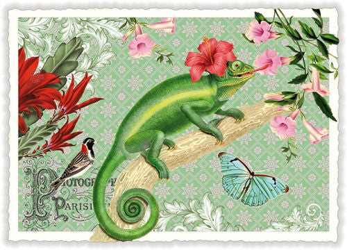 Carte postale caméléon vert et fleurs, ACTE TRE