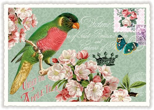 Carte postale perroquet vert et fleurs, ACTE TRE