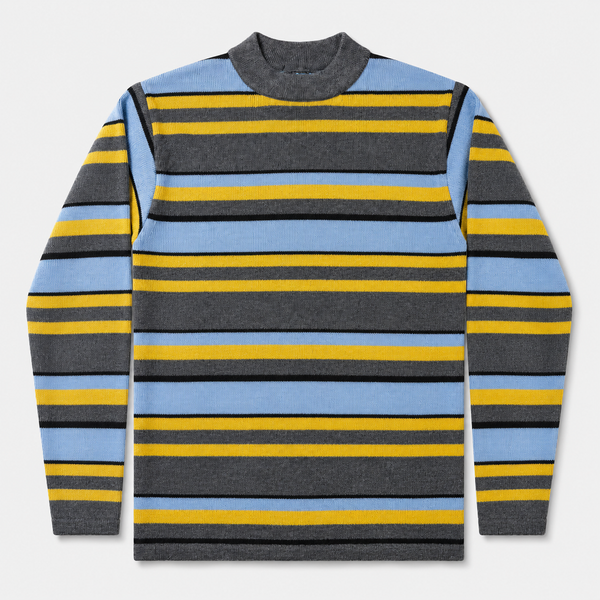 Pull DDP Multico 2 à rayures gris anthracite, bleu ciel et jaune, col montant — vue de face à plat