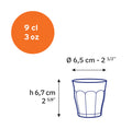 Dimensions du verre Duralex Picardie 9 cl : 6,5 cm de diamètre et 6,7 cm de haut.